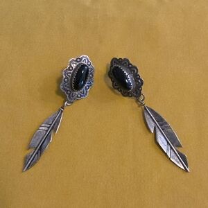 Silver-Tone (Likely Sterling) Black Stone Feather Drop Earrings